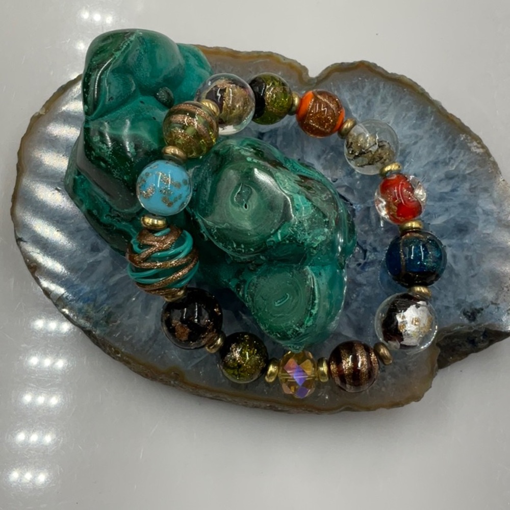 8” Fancy Murano Multicolor Glass Bead Stretch Bracelet - Picture 2 of 6